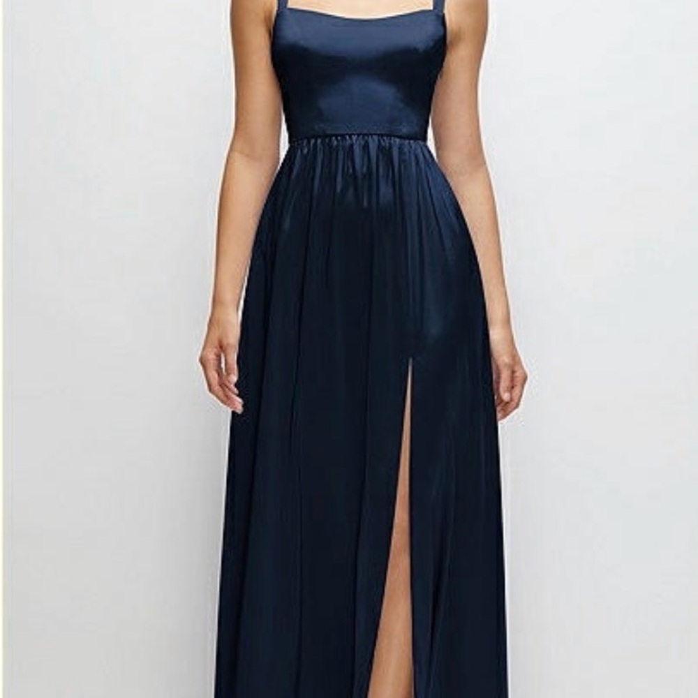 Satin Navy Maxi Dress with Spaghetti Straps and Front Slit